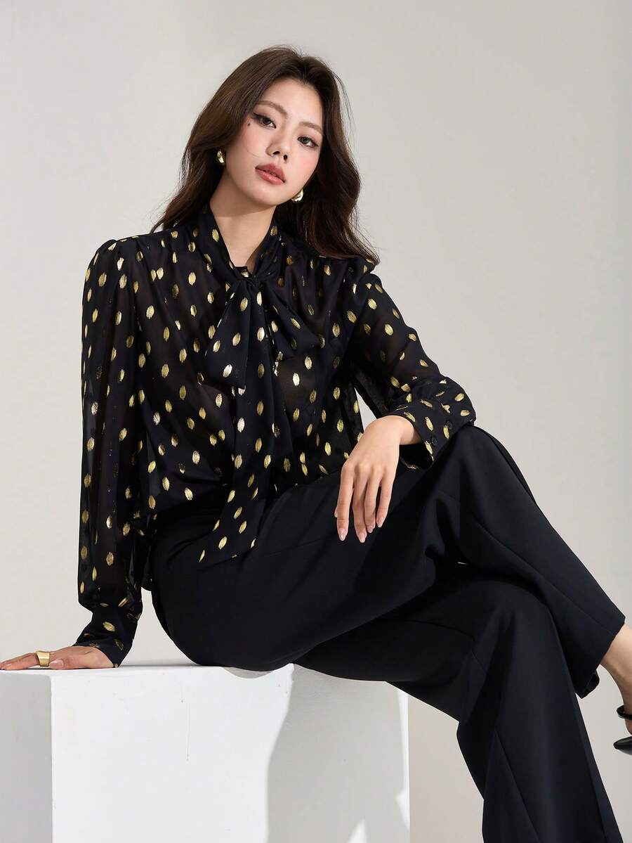 Heiryn Women's Elegant Chiffon Foil Print Lantern Sleeve Loose Blouse, Suitable For Work And Commute - Black - View 1