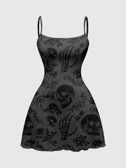 Goth فستان بحمالات رفيعة مطبوع بالكامل بتصميم جمجمة قاتم، وردة سوداء، شوك غامض، بطراز بانك، مقاس كبير، مثير