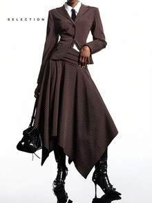 LYSMO 女式条纹腰部收腰西装外套和铅笔裙套装，秋季通勤风格 - 鏽棕色 - 查看 3