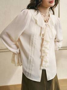 Cévolie 女士荷叶边领雪纺长袖米色衬衫 - 米色 - 查看 4