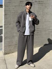 DAZY Men's Thick Grey Side Seam Knitted Jacket Set, Autumn/Winter