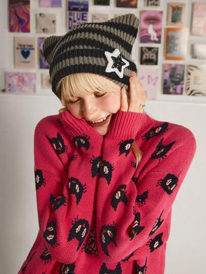 Y2Kool 1 Peça Gorro de Malha com Orelhas de Gato Estilo Y2K Preto e Branco Listrado Fofo para Mulheres, Inverno e Outono