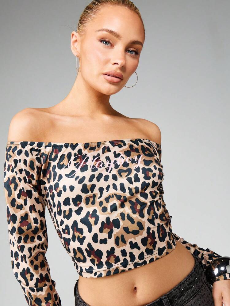 Missguided x Playboy Off Shoulder Long Sleeve Leopard Print Crop Top For Fall Winter Casual Wear