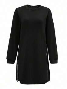 SHEIN EZwear 女士宽松纯色休闲长袖拉链中长连衣裙 - 黑色 - 查看 3
