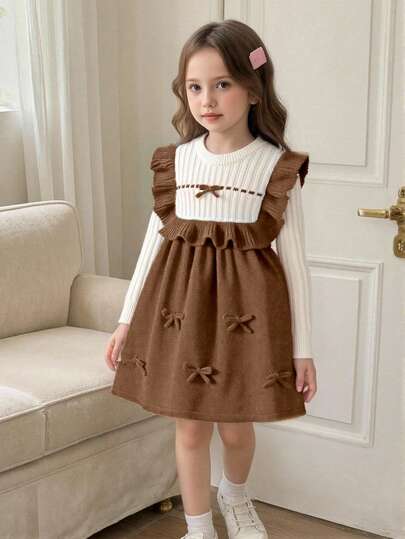 Elladie kids 1pc Girls Sweater Dress, Sweet Princess Style, Red & White Color Block Ribbed Texture, Bow Decor, Ruffle Hem, Ribbed Knit, Round Neck Long Sleeve, European Design Dress, Regular Thickness, Suitable For Birthday Party, Autumn/Winter