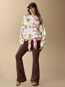 SpongeBob SquarePants | SHEIN Women's Cartoon & Floral Pattern Hooded Long Sleeve Pullover Sweatshirt