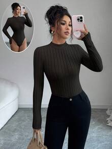 SHEIN Elenzya 女士标准尺码罗纹抓绒连体衣，秋冬季 - 黑色 - 查看 3