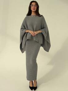 Aloruh 一套女士优雅圆领披肩毛衣+低腰罗纹紧身裙 - 深灰色 - 查看 4