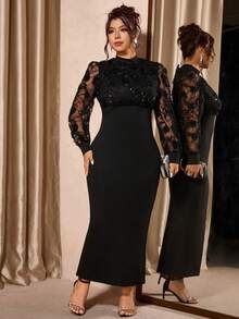 Cravure 大码女式花卉装饰立领长袖优雅修身连衣裙 - 黑色 - 查看 6