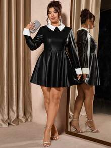 Cravure 大码女式都市优雅时尚百搭简约别致黑白撞色皮裙，适合毕业典礼、节日、情人节、音乐节、母亲节、万圣节、感恩节、复活节、国庆节、舞会、约会、派对、郊游等场合。 - 黑色 - 查看 3