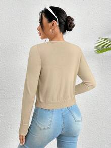 SHEIN PETITE 秋冬纯色纽扣开衫、针织毛衣 - 杏色 - 查看 2