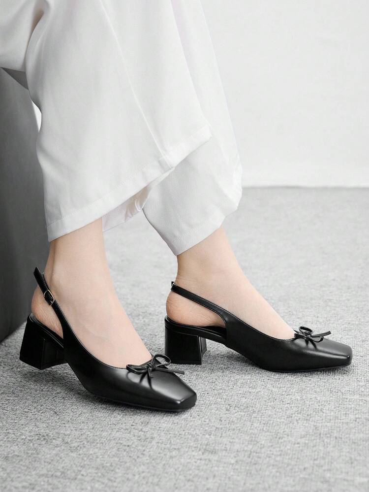 CUCCOO BIZCHIC Giày cao gót hở gót cổ điển cho nữ, có điểm nhấn nơ, màu đen, đa năng cho cả đi làm và mặc hàng ngày - màu đen - Xem 5