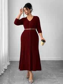 SHEIN Elenzya 1 件女式加大码优雅 V 领长袖喇叭下摆毛衣裙 - 酒紅色 - 查看 4