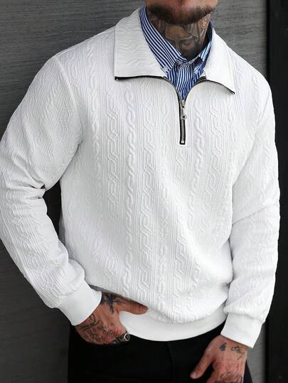 Manfinity CasualCool Men's Casual Solid Color Textured Sweatshirt,Men's Autumn New Solid White Minimalist Casual Zippered Pullover Sweatshirt,For Men,Versatile Items For Daily Commuting, Travel, Cable Knit Quarter Half Zip Sweatshirt Knitted Shirts For Men Mens Casual Wear Jumper For Men