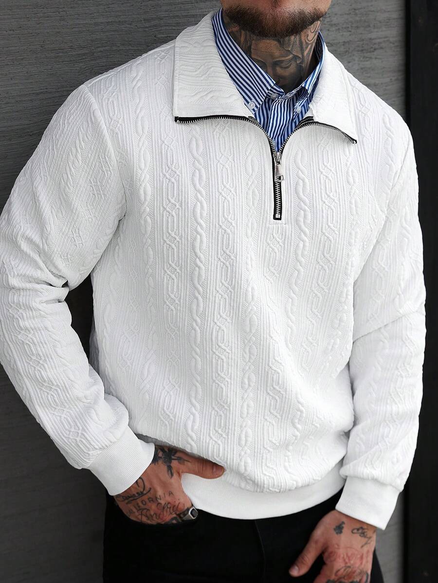 Manfinity CasualCool Men's Casual Solid Color Textured Sweatshirt,Men's Autumn New Solid White Minimalist Casual Zippered Pullover Sweatshirt,For Men,Versatile Items For Daily Commuting, Travel, Cable Knit Quarter Half Zip Sweatshirt Knitted Shirts For Men Mens Casual Wear Jumper For Men - White - View 1