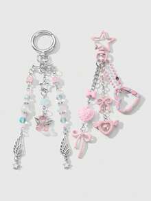 ROMWE Kawaii 1pc Ins Style Cute & Fashionable Hollow Chain Wing Star Resin Crystal Rhinestone Beaded Pendant Keychain, Suitable For Women/Girls Daily Wear, Holiday Gift - Multicolor - View 1