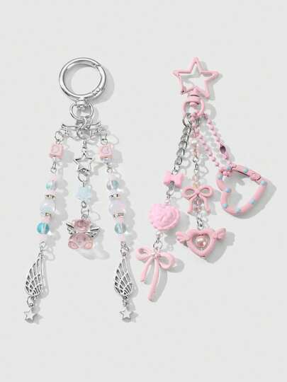 Kawaii 1 Stück Ins-Stil süßer und modischer Schlüsselanhänger mit Hohlkette, Flügel, Stern, Kristall und Strass, geeignet für Frauen/Mädchen im Alltag, Geschenk für Feiertage