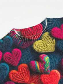 EMERY ROSE Plus Size Heart Pattern Crew Neck Sweater, Casual For Autumn/Winter, Suitable For Valentine's Day - Red - View 8