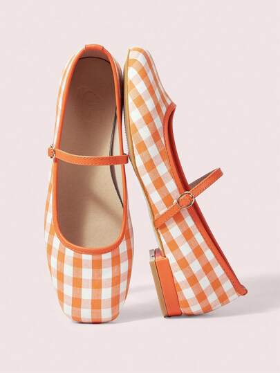 CUCCOO DOLLMOD 女士平底橙色方头格子玛丽珍鞋，校园风，日系可爱低跟鞋