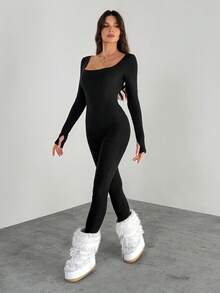 SHEIN Tall Women's Winter Streetwear Athleisure Ski Wear Warm/ Cold Weather/ Thermal Stretchy Comfortable Black Slim Fit Long Sleeve Square Neck Long Thermal Lined Romper,Fall Long Sleeve Jumpsuit Bodycon Jumpsuit - Black - View 8