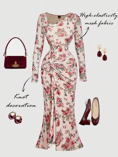 SHEIN MOD Vestido longo assimétrico com estampa floral, decote franzido e detalhe torcido – Assimétrico, com fenda, manga longa, estilo vintage anos 70, Y2K, ideal para encontros, festas, ocasiões formais, aniversários, bailes de formatura, boho, grunge e punk.