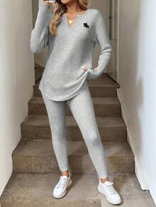 Easowa 2pcs/Set Women Long Sleeve T-Shirt And Embroidered Leggings, Autumn/Winter,Fall,Casual - Multicolor - View 2