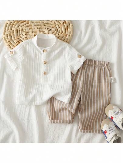Loomiva 2pcs Newborn Baby Boy Casual College Style Gray Collared Shirt & Striped Elastic Waist Pants Set, Suitable For Birthday Party, Evening Event, Performance, Wedding, Baby Shower, 1 Month Celebration
