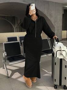 SHEIN EZwear 两件套加大码纯色落肩拉链连帽衫和吊带连衣裙，休闲款 - 黑色 - 查看 5