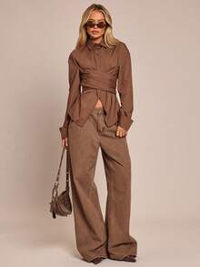 SHEIN Glamour Áo sơ mi công sở nữ màu nâu thắt chéo thanh lịch, đa năng - Cà phê nâu - Xem 4