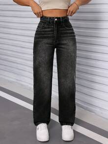 SHEIN PETITE 女士休闲水洗斜口袋直筒牛仔裤 - 黑色 - 查看 3