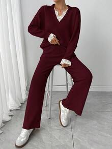 Modelyn 女士毛衣套装，温柔风格，秋冬款 - 酒紅色 - 查看 8