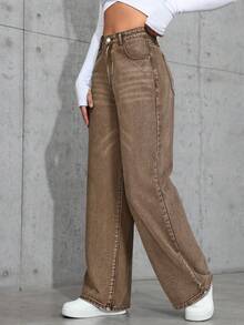 SHEIN ICON Women's Casual Everyday Washed Slant Pocket Loose Fit Denim Jeans - Brown - View 4