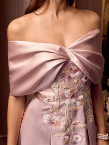 MOTF Soiréza WOMEN'S ELEGANT OFF-THE-SHOULDER FLOOR-LENGTH SATIN EVENING GOWN – SPARKLY SEQUIN FLORAL EMBROIDERY WITH GREEN LEAVES, FITTED SILHOUETTE FOR WEDDINGS, GALAS & FORMAL EVENTS & BLACK TIE GALAS, RED CARPET EVENTS, LUXURY WEDDING RECEPTIONS, AND AWARD CEREMONIES WEDDING PROM DRESS & FORMAL PARTIES - Pink - View 3