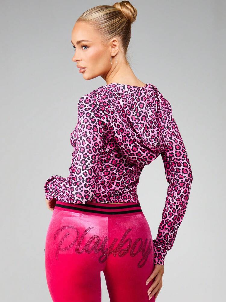 Missguided x Playboy Leopard Print Zip Front Long Sleeve Top With Ribbed Hem And Collar
