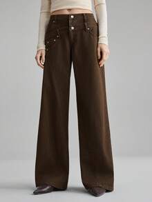 Ontre 女士秋冬休闲宽松直筒牛仔裤，带口袋，百搭实用，适合都市通勤，简约时尚。 - 棕色 - 查看 3