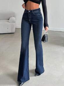 SHEIN Tall Women Tall High Waist Casual Flare Leg Jeans - Dark Wash - View 3