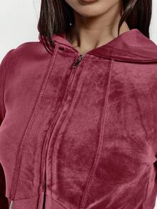 MUSERA Zip Through Fitted Ribbed Snatched Underbust Hooded Velour Sweatshirt Only Sexy Going Out Night Out  Cute Streetwear ,Elegant Spring Summer Holiday - Burgundy - View 6