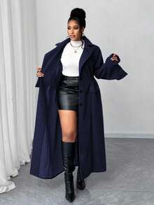 Maweii Áo gió dài cỡ lớn cho nữ, áo khoác len pha tay phồng tay bất đối xứng, áo khoác ngoài thời trang mùa đông cạp cao - Màu xanh hải quân - Xem 6