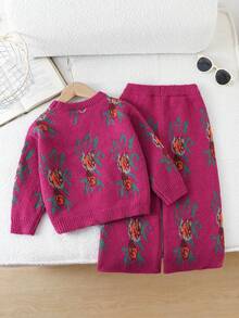 SHEIN 女童印花圆领长袖毛衣和针织裤休闲套装，秋冬款 - 酒紅色 - 查看 2