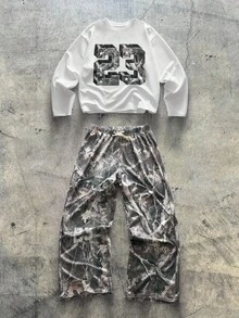 AXEPEAK 男士数字印花圆领长袖T恤和树枝印花长裤休闲宽松套装 - 彩色 - 查看 1