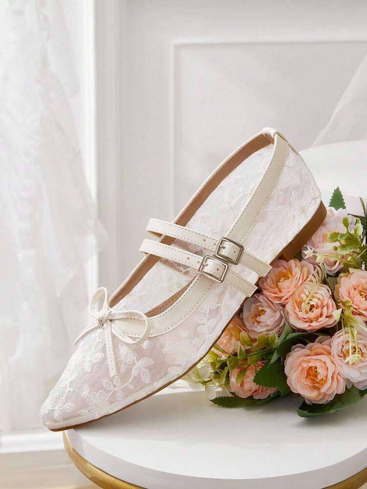 CUCCOO HITCHD White Square Toe Flat Mesh Fabric Women Outdoor Casual Comfortable Breathable Strap Flat Shoes, Spring Shoes, Spring Break, Easter For Christmas