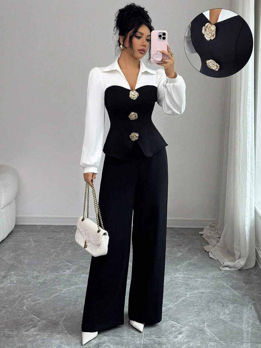Elenzga 女士优雅黑白通勤套装，撞色编织衬衫配金属纽扣 + 黑色直筒裤，两件套，适合新年派对、聚会、感恩节等场合。 - 黑與白 - 查看 1