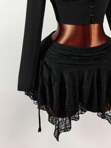 Amplova Vintage Black Autumn Goth 2-Piece Set,Square Collar Lace Semi-Sheer Mushroom Button Long Sleeve Top & Asymmetrical Double Layer Skirt Night Out Club - Black - View 6