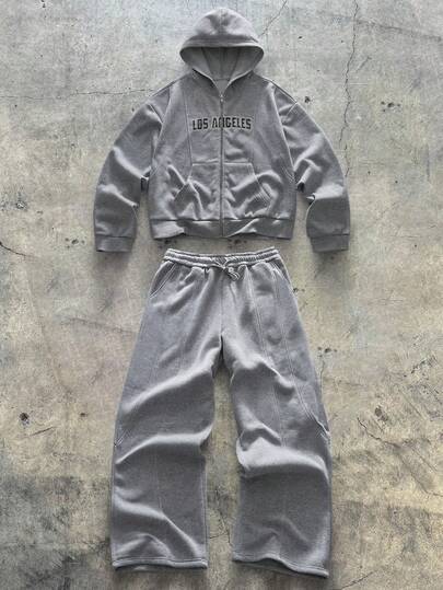 AXEPEAK Set casual da uomo con felpa con cappuccio e pantaloni ampi, stampa a lettere, con chiusura lampo, fodera termica, caldo per autunno/inverno