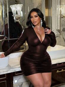 NU&NOW Dieses elegante, figurbetonte, braune Minikleid aus Leder mit V-Ausschnitt und langen Ärmeln ist perfekt für Frühling und Herbst. Es eignet sich für den Alltag, als Outfit für Silvester, Weihnachten, Feiertage, Valentinstag und Partys. - Braun - Übersicht 5