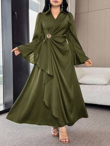 Modelyn 女士纯色简约V领长袖连衣裙，休闲日常穿着 - 軍綠色 - 查看 6