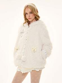 ROMWE Kawaii Women's Cute & Sweet Cat Ear Bow Fuzzy Cardigan Sweater - Beige - View 4