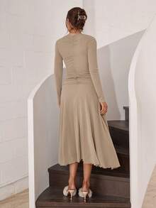 Modelyn Women's Round Neck Long Sleeve Floral Decor Pleated Elegant Dress - Khaki - View 2