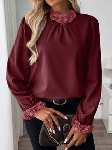 SHEIN Clasi 1 pieza Blusa decorativa de unicolor elegante con cuello y puños para mujer, otoñal - Burdeos - Ver 3