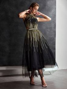 MOTF Soiréza 优雅亮片刺绣镂空连衣裙，喇叭裙摆，适合宴会和派对穿着 - 黑色 - 查看 5